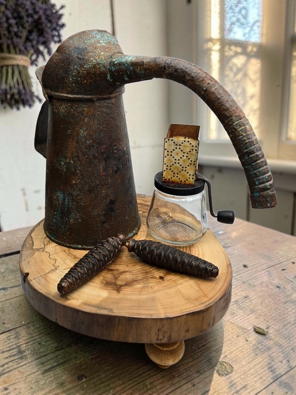 Primitive Antique Oil Can Long Metal Spout French Country Farmhouse Decor